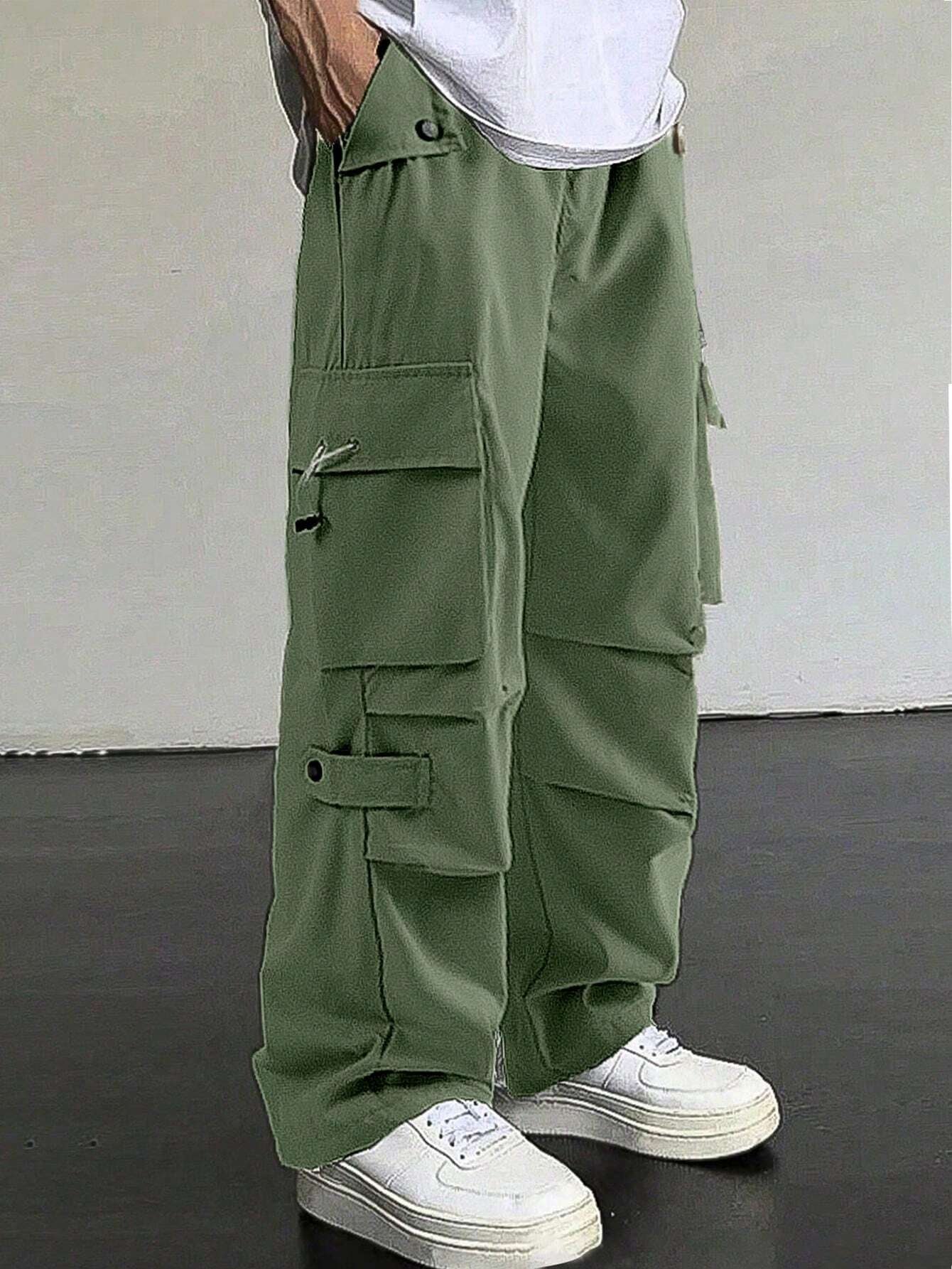 Manfinity EMRG Men'S Flap Pocket Drawstring Waist Cargo Pants Baggy Long Plain Going Out